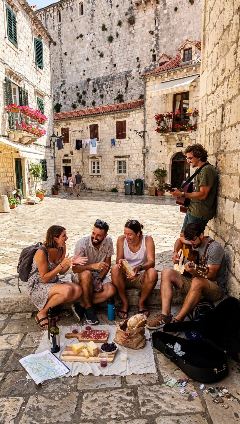 Turisti istražuju besplatnu kulturnu atrakciju u povijesnom dijelu hrvatskog grada.